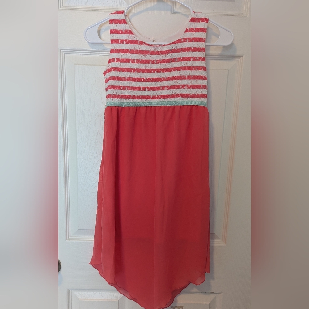 Girls' Striped Sleeveless Dress - Coral and White